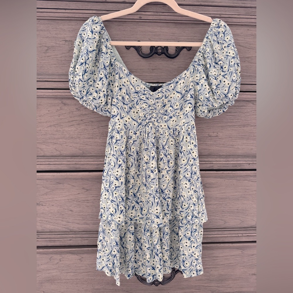 Lumiere Floral Babydoll Mini Dress EUC Sage Green Rayon Puff Sleeve Blue D…